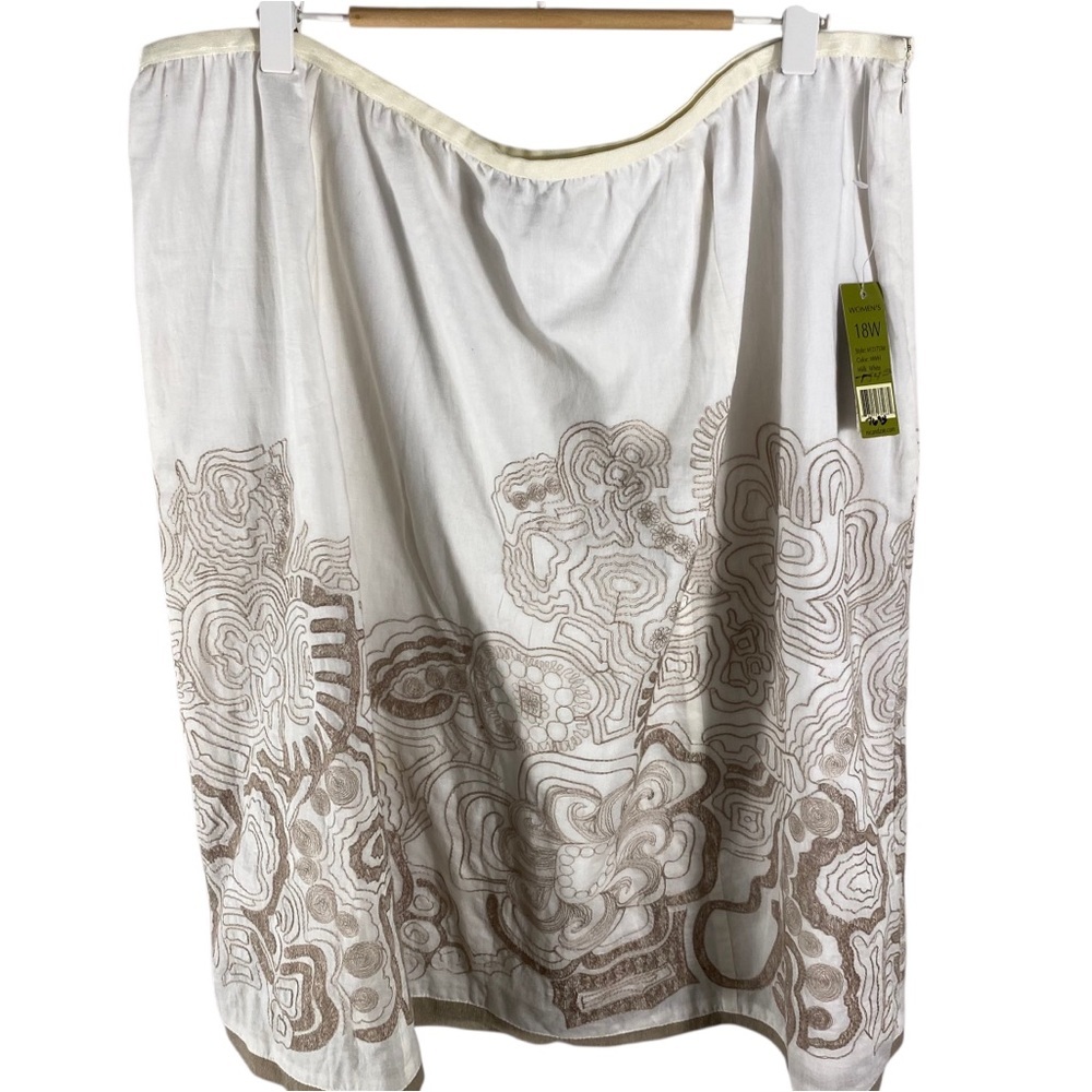 Nic and Zoe White and Brown Embroidered cotton Skirt Sz 18W NWT